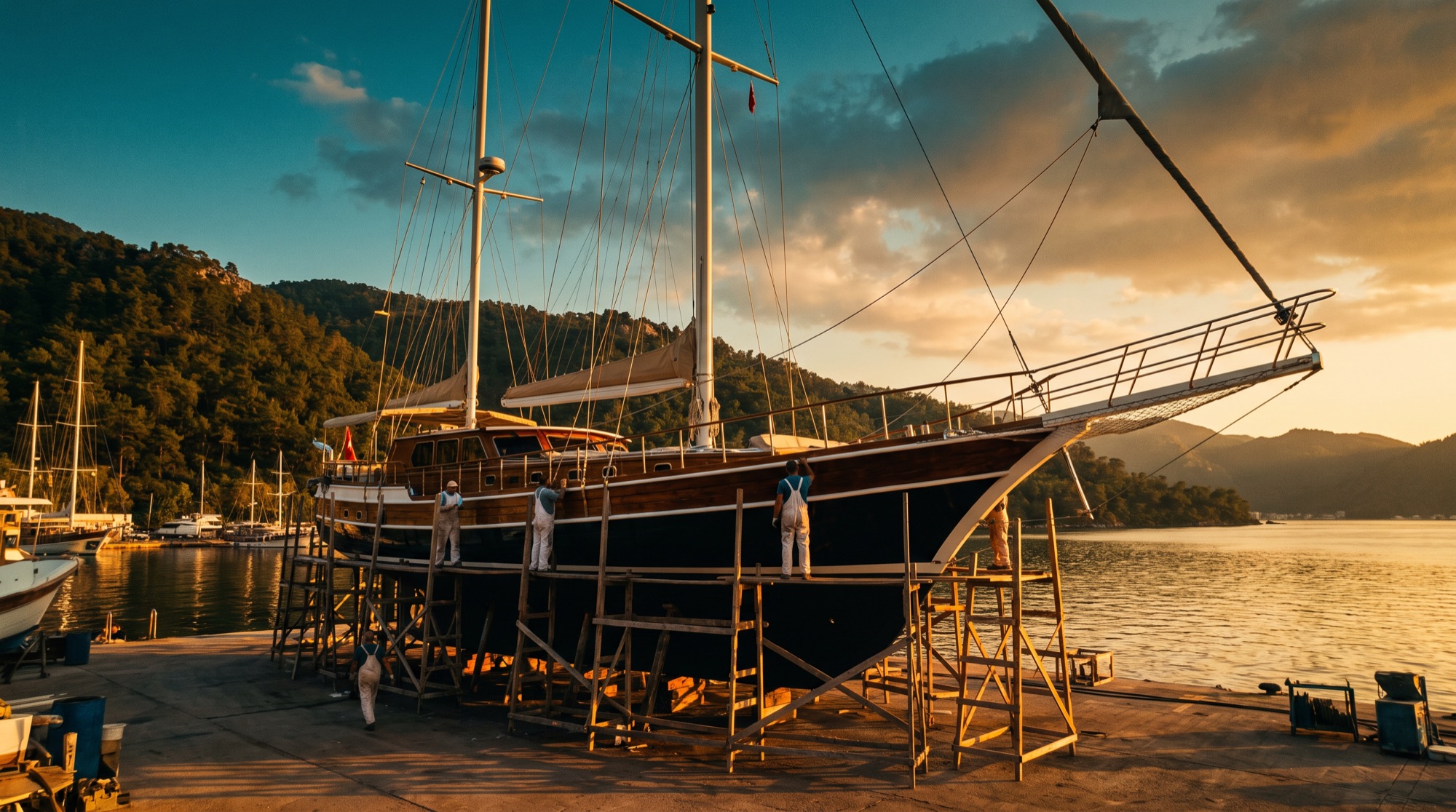 Sailing yacht on the hardstand in a Marmaris boatyard at golden hour